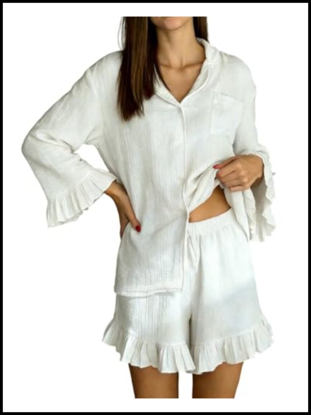 Womens Cotton Gauze Pajama Set Ruffle Button Down Shirt & Shorts Lounge